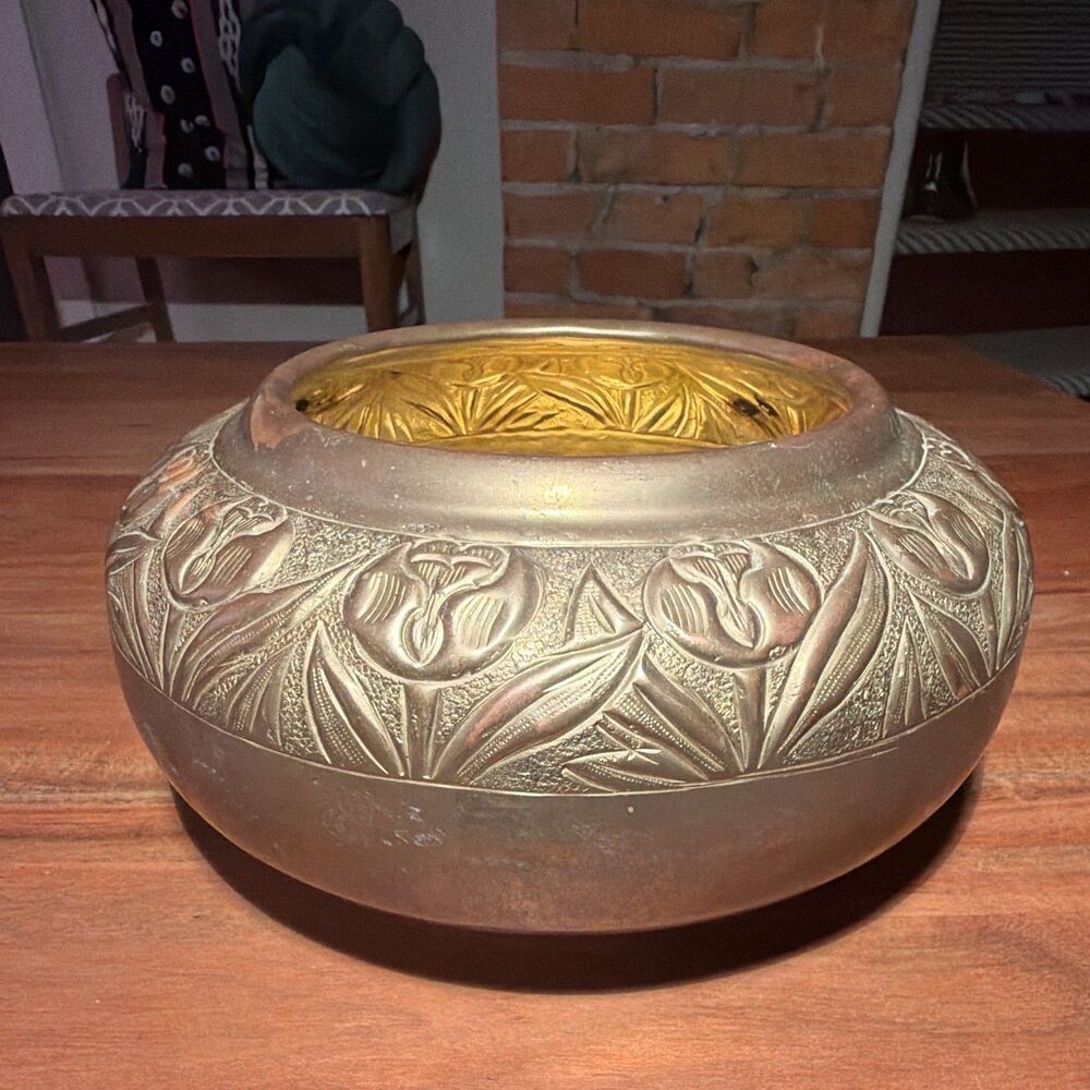 Vintage Brass Floral Motif Bowl/Planter Made In India Brass Bowl- Beautiful